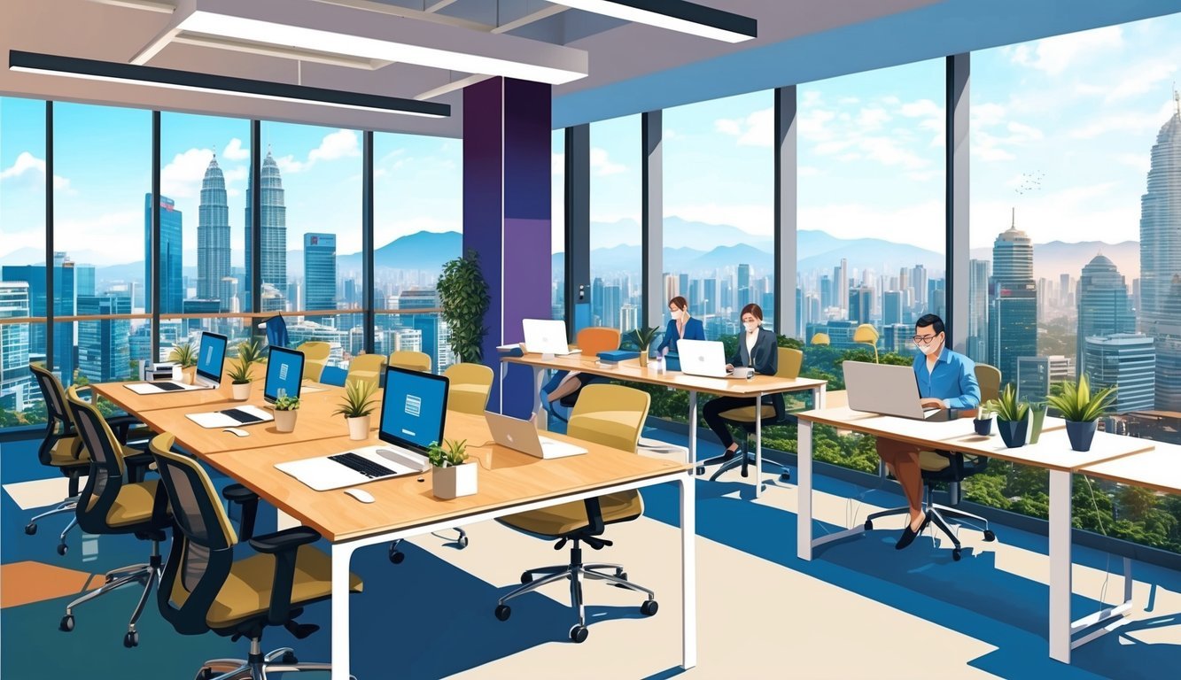 A bustling co-working space in Kuala Lumpur, with modern desks, high-speed internet, and panoramic city views