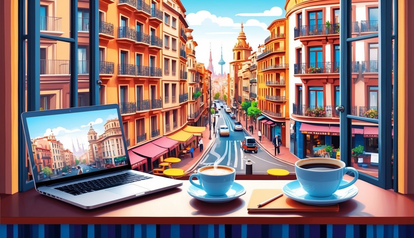 A cozy cafe in Barcelona, with a laptop, coffee, and a view of the city's vibrant streets