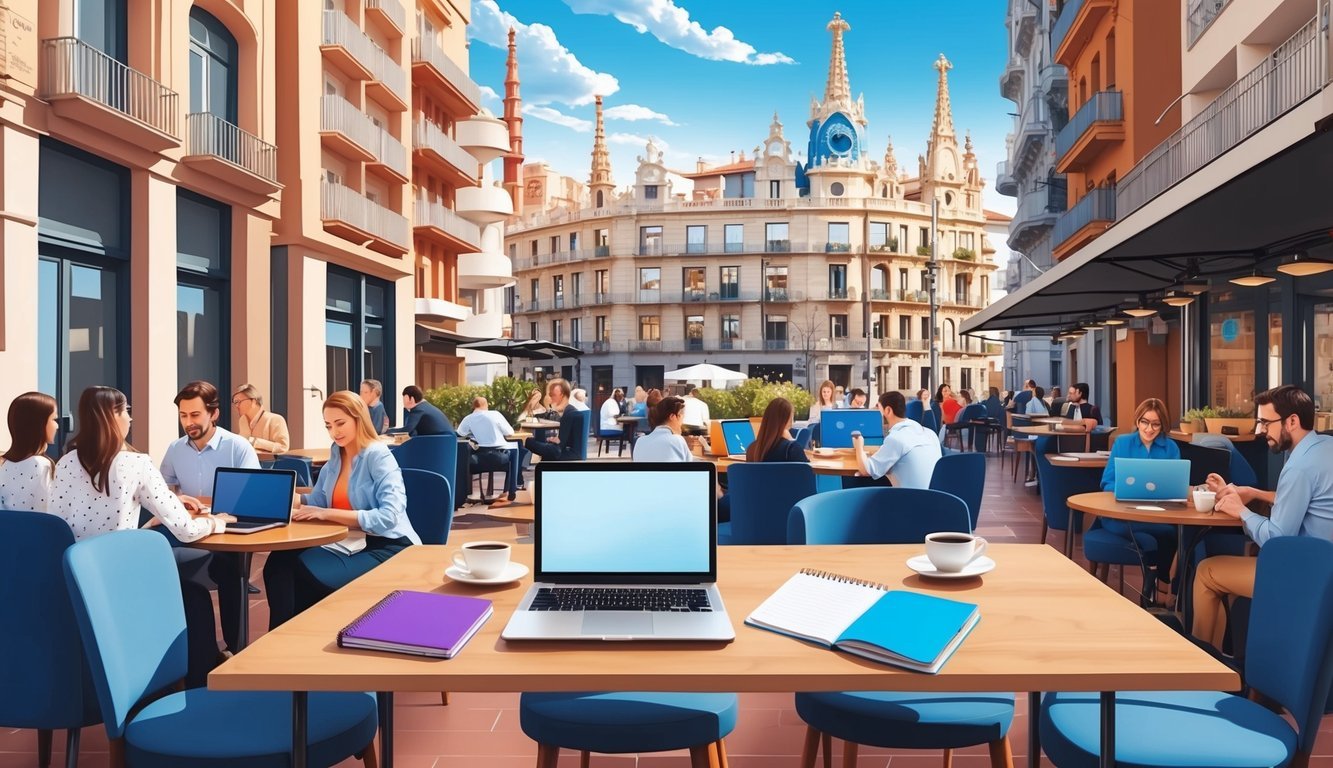 A bustling Barcelona cafe with laptops, notebooks, and coffee.</p><p>A mix of modern and historic architecture in the background