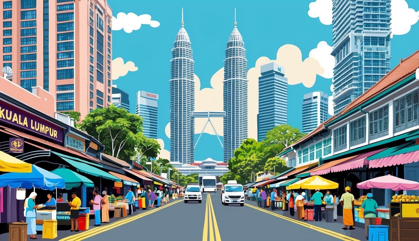 A bustling Kuala Lumpur street with towering skyscrapers and street vendors, surrounded by a mix of modern and traditional architecture