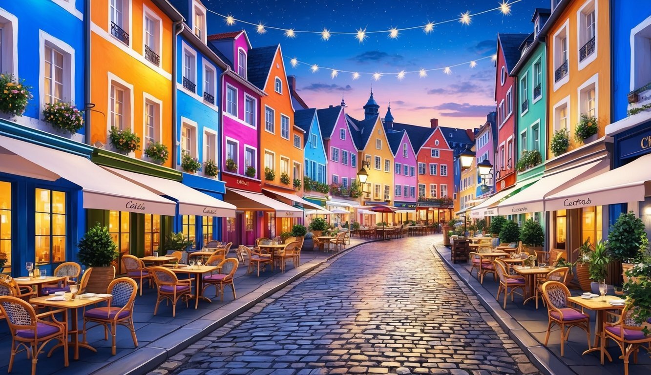 A bustling cityscape with colorful buildings, cobblestone streets, and outdoor cafes transitioning from day to night with twinkling lights and a lively atmosphere