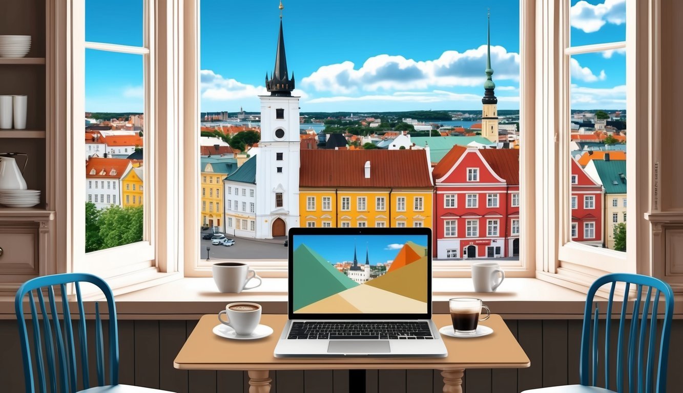 A cozy cafe in Tallinn's Old Town, with a laptop, coffee, and city views from the window