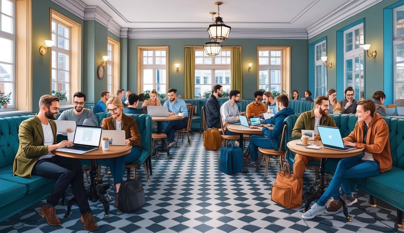 A bustling cafe in Tallinn, Estonia, with a diverse group of digital nomads working on laptops and engaging in lively conversation
