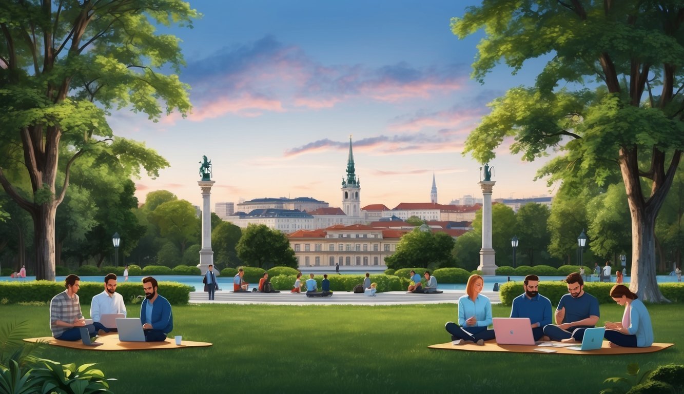 A serene park with a view of the historic Belgrade skyline, where digital nomads gather to work and socialize after hours