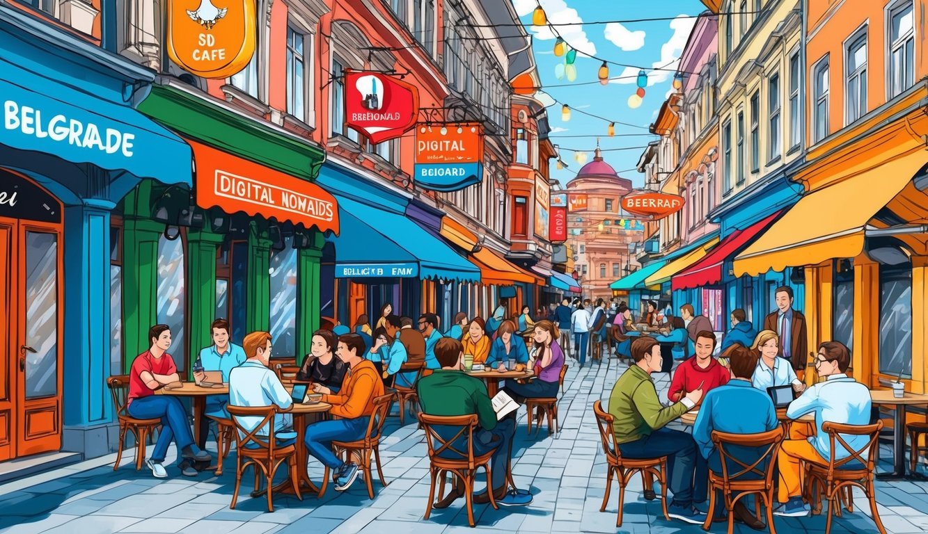 A bustling street in Belgrade, with colorful signs and cafes, as digital nomads gather to ask questions and share tips