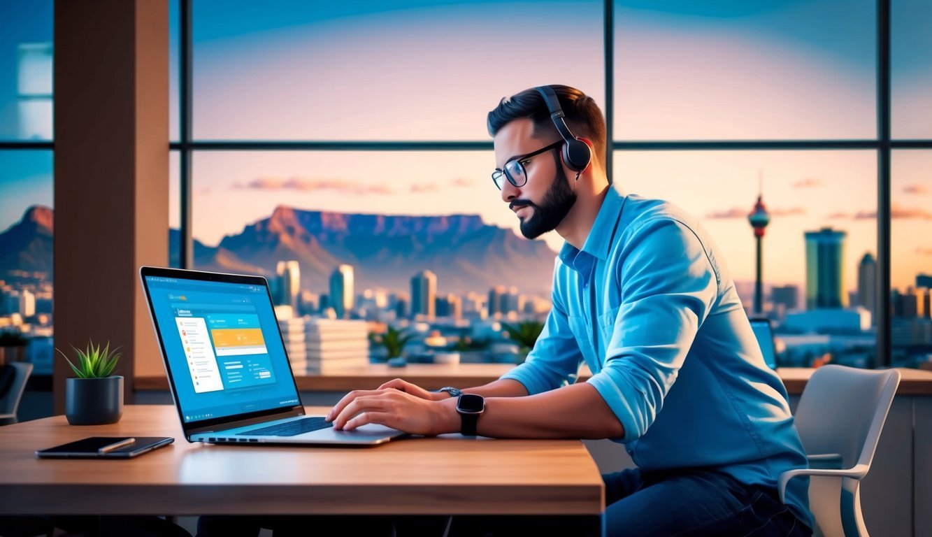 A digital nomad working on a laptop in a secure and well-lit co-working space in Cape Town, South Africa, with a view of the city skyline and Table Mountain in the background