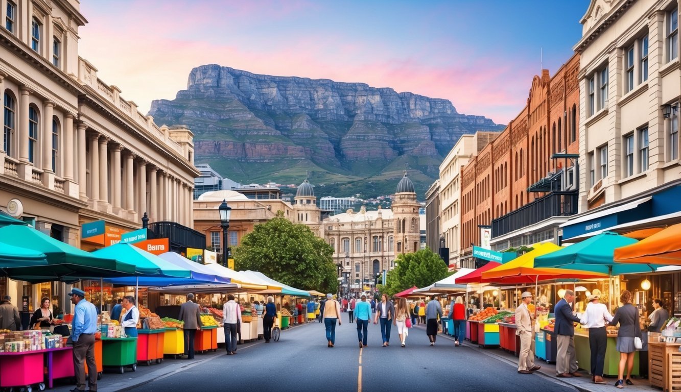 A bustling Cape Town street with colorful market stalls, a backdrop of Table Mountain, and a mix of modern and historic architecture