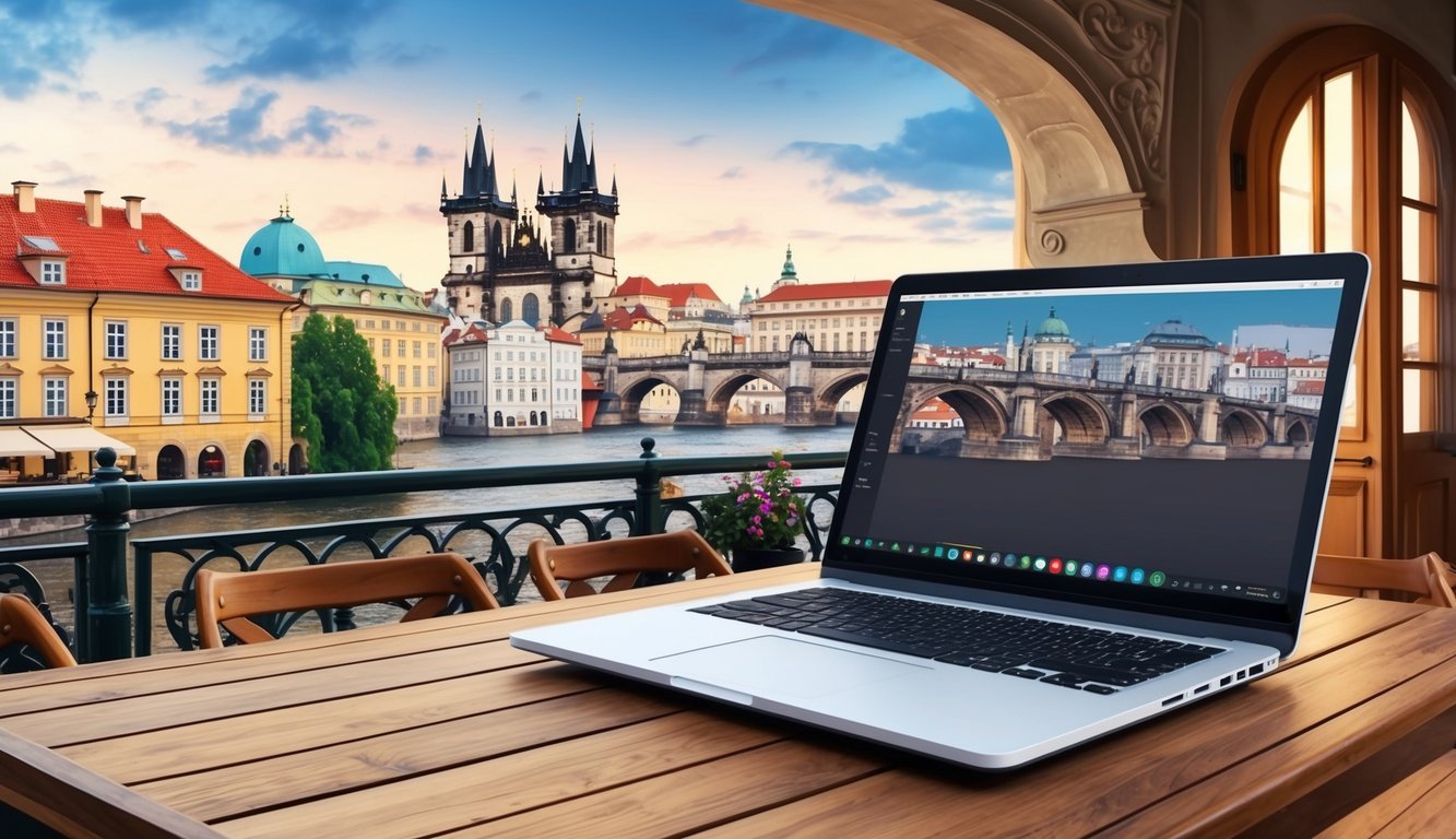 An open laptop on a wooden table overlooks the historic architecture of Prague, with a cozy cafe in the background and the iconic Charles Bridge in the distance