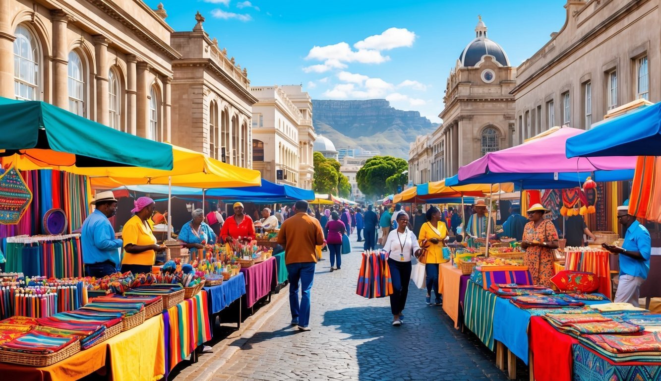 A bustling street market in Cape Town, with colorful stalls selling handmade crafts and vibrant textiles, surrounded by historic buildings and lively music