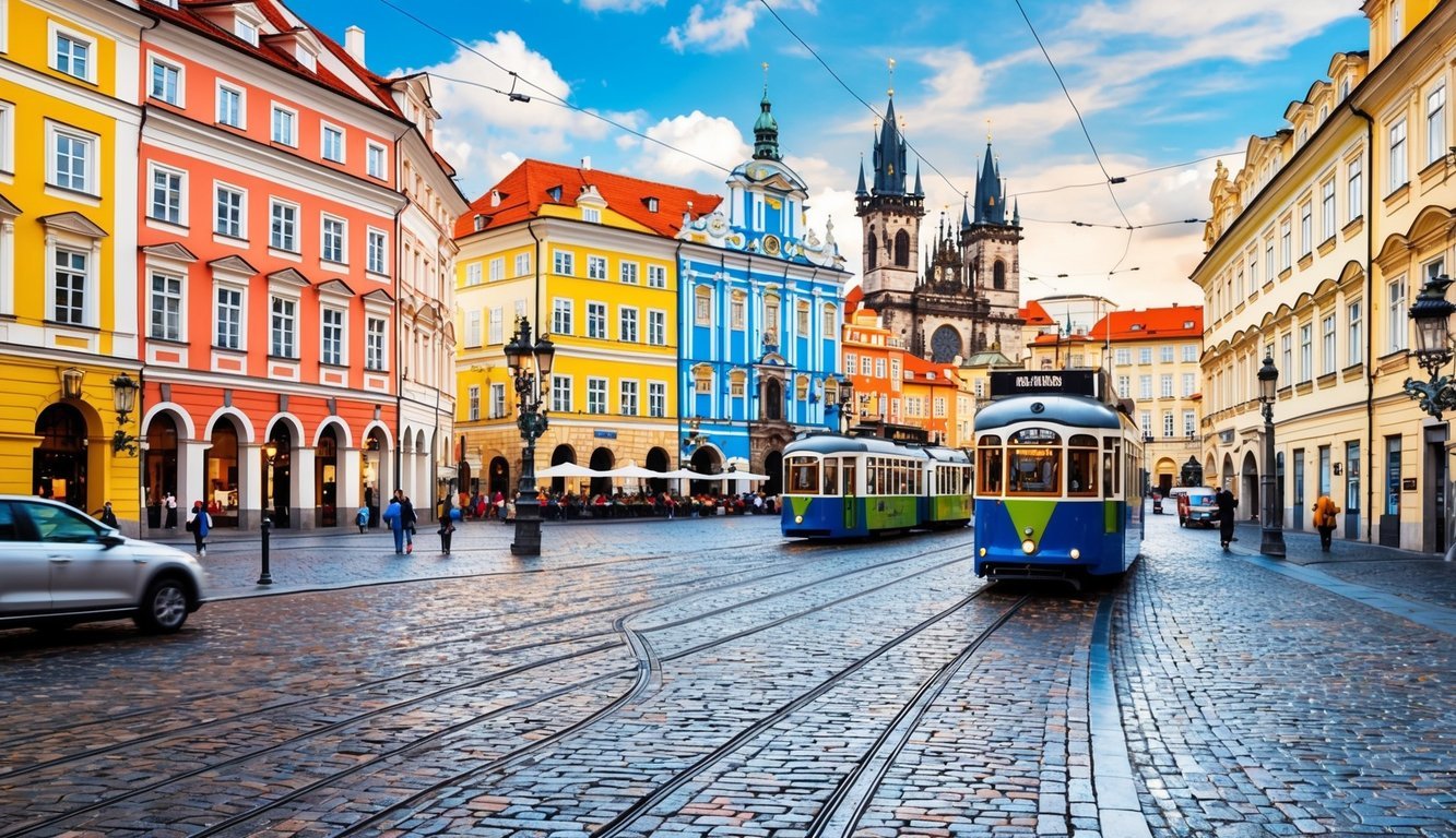 A bustling city square in Prague, with cobblestone streets, colorful buildings, and trams passing by, surrounded by historic architecture