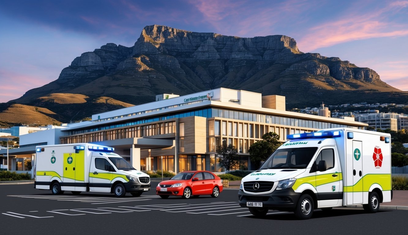 A modern hospital and ambulance parked in front of Table Mountain in Cape Town, South Africa