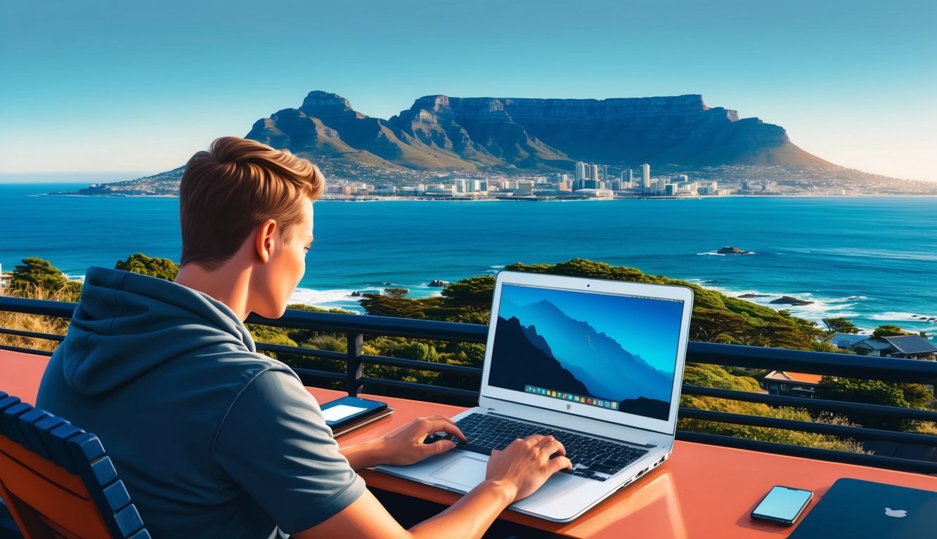 A digital nomad working on a laptop at a scenic viewpoint overlooking the ocean and Table Mountain in Cape Town, South Africa