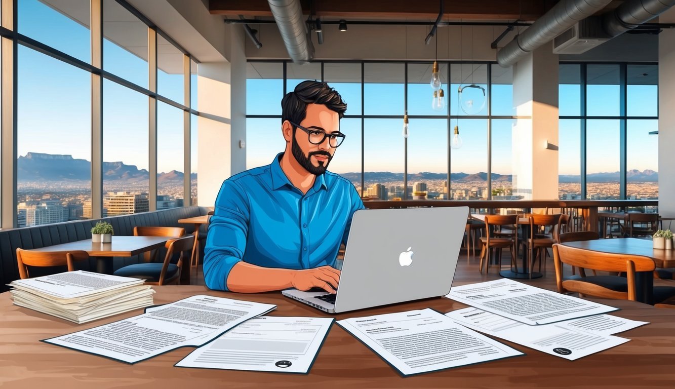 A digital nomad working on a laptop in a modern Cape Town cafe, surrounded by legal documents and cityscape views