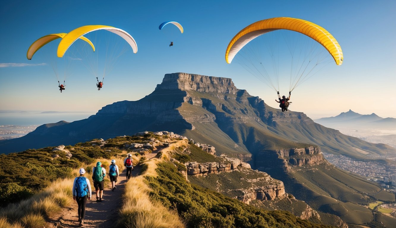 A scenic view of Table Mountain with paragliders soaring above and a group of people hiking along the trails in Cape Town, South Africa