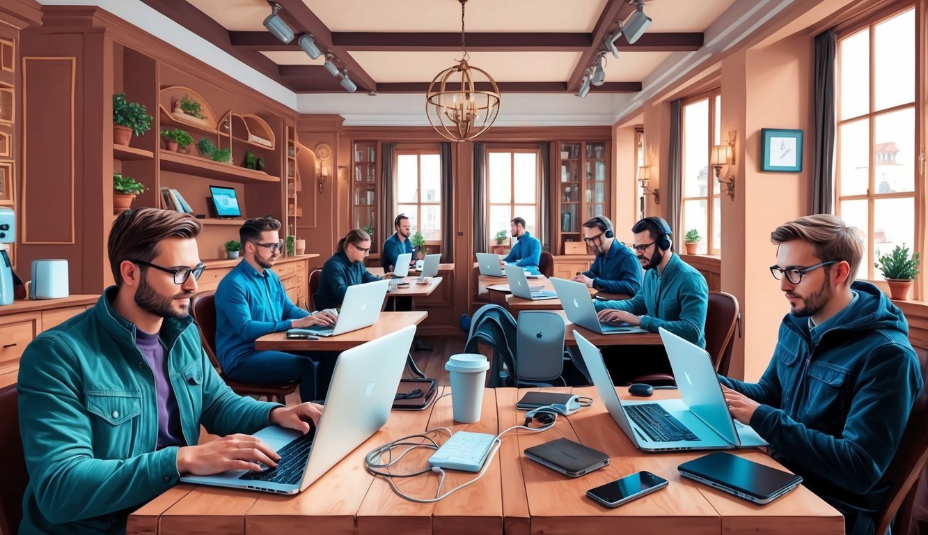 A cozy cafe in Prague, filled with digital nomads working on laptops, surrounded by essential work tools and connected to high-speed internet