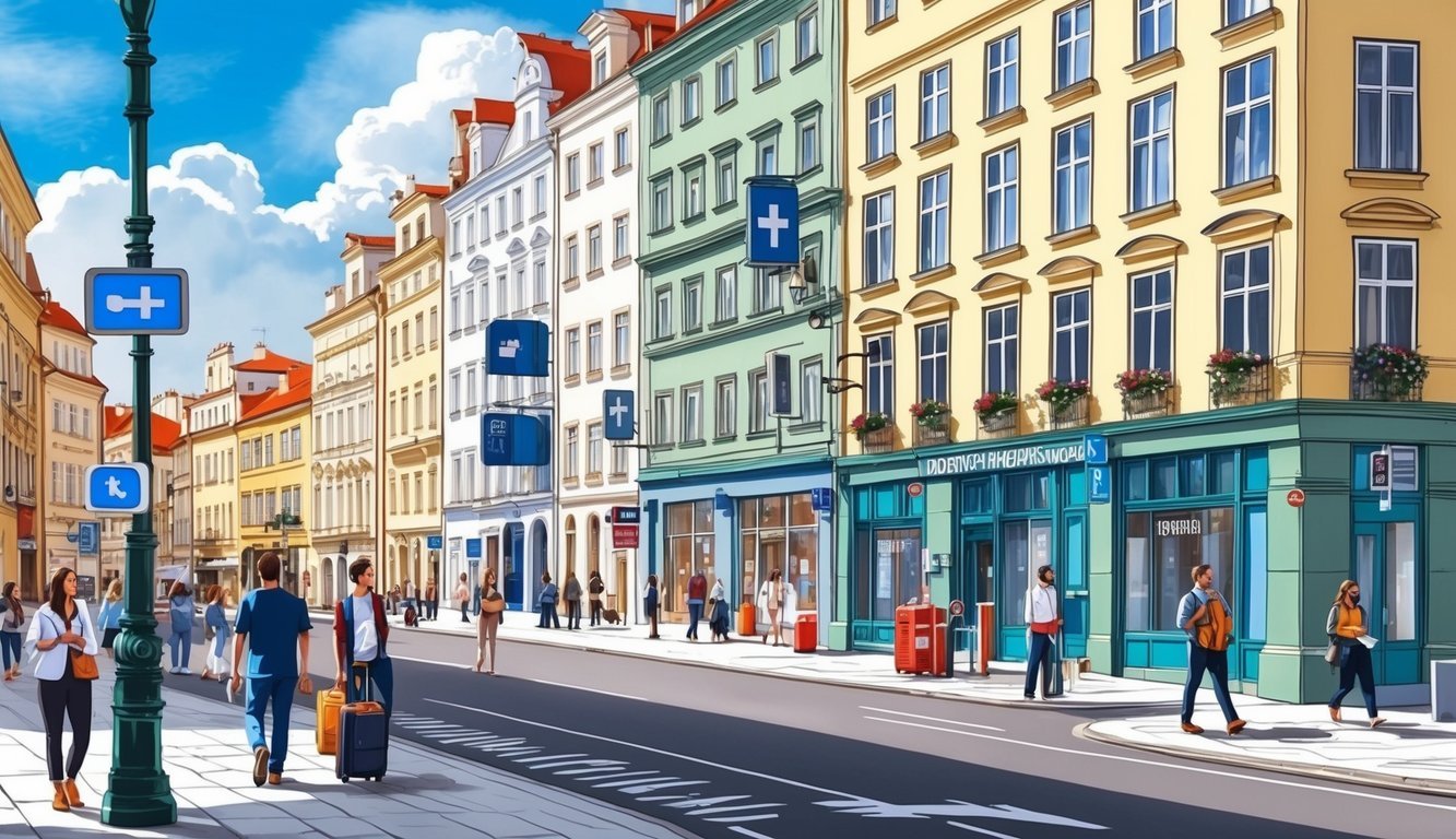 A bustling Prague street with modern healthcare facilities and safety measures for digital nomads