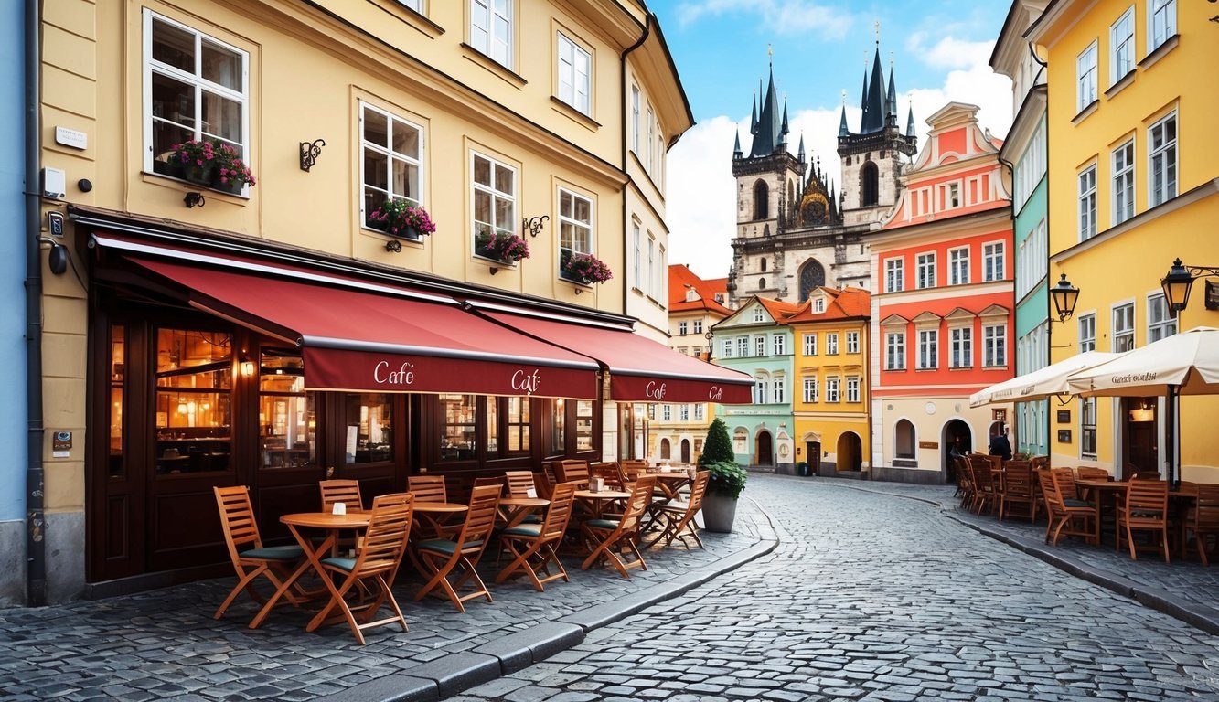 A cozy cafe nestled in the heart of Prague, with cobblestone streets and colorful buildings in the background