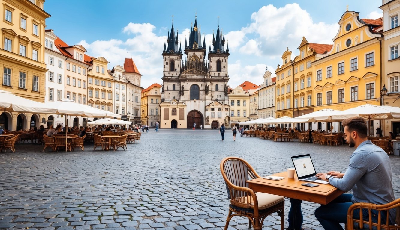 A bustling city square in Prague, Czech Republic, with a digital nomad working on a laptop at a quaint outdoor cafe, surrounded by historic architecture and cobblestone streets
