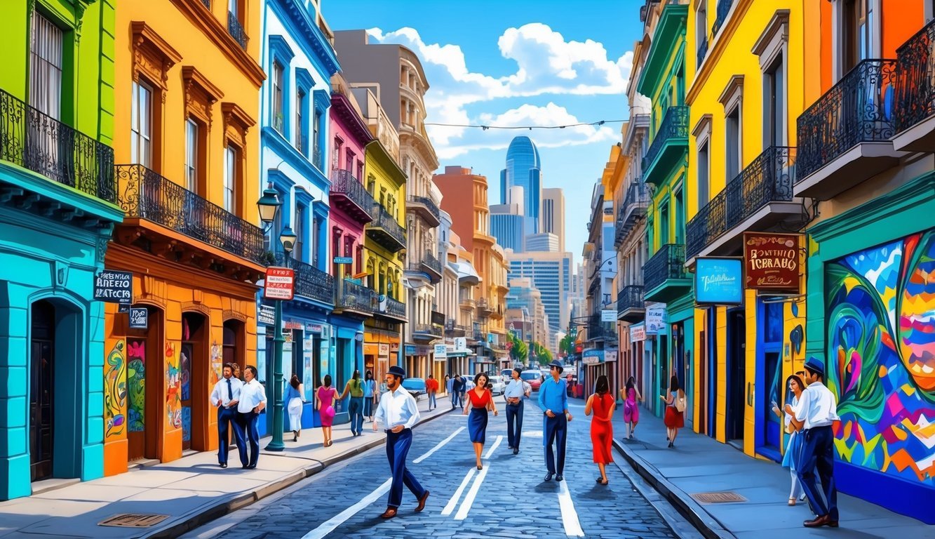 The bustling streets of Buenos Aires, filled with colorful buildings and vibrant street art, surrounded by the lively sounds of tango music and the aroma of delicious Argentine cuisine