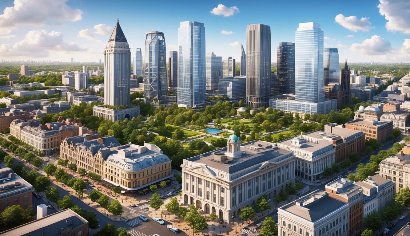 A bustling cityscape with modern skyscrapers and historic architecture, surrounded by lush green parks and bustling streets, filled with cafes and co-working spaces