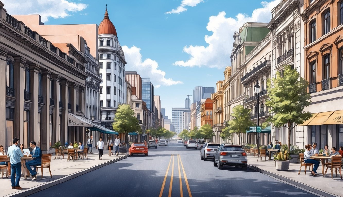 A bustling street in Buenos Aires with a mix of modern and historic architecture, surrounded by cafes and co-working spaces