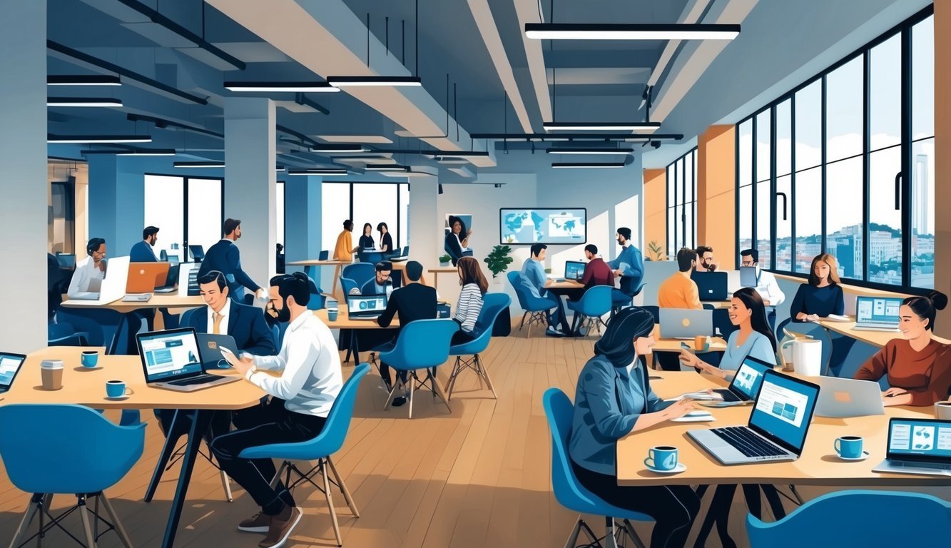 A bustling coworking space in Porto, Portugal, filled with laptops, coffee mugs, and people networking and collaborating
