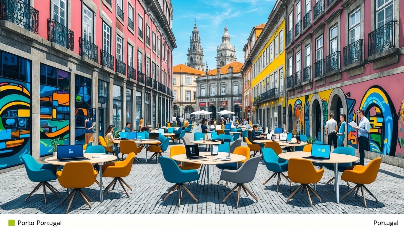 A bustling co-working space in Porto, Portugal, filled with modern technology and stylish workstations, surrounded by vibrant street art and historic architecture
