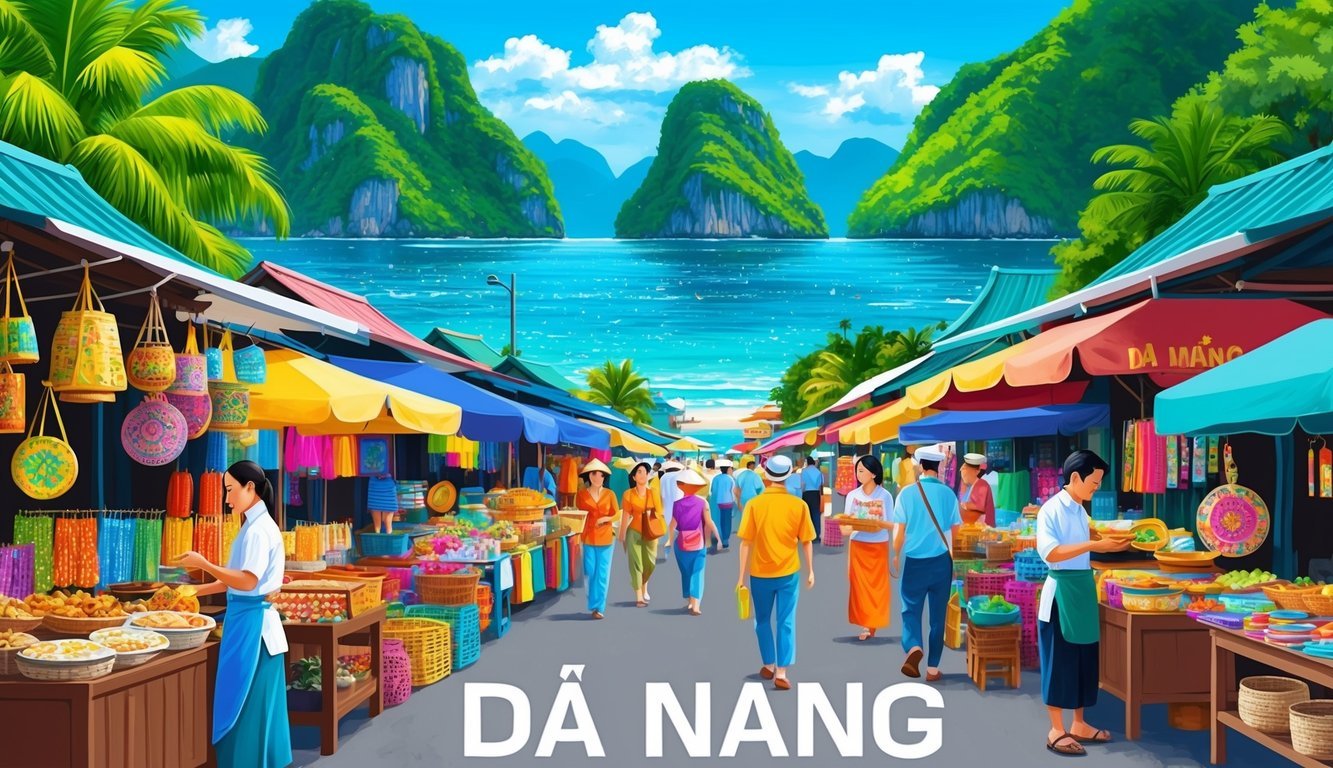 A bustling street market in Da Nang, with colorful stalls selling local handicrafts and street food, surrounded by lush green mountains and the sparkling sea