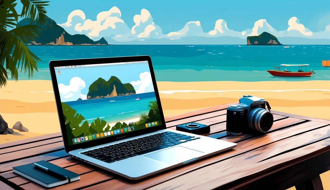 A laptop, notebook, and camera on a wooden table overlooking a beach in Da Nang, Vietnam