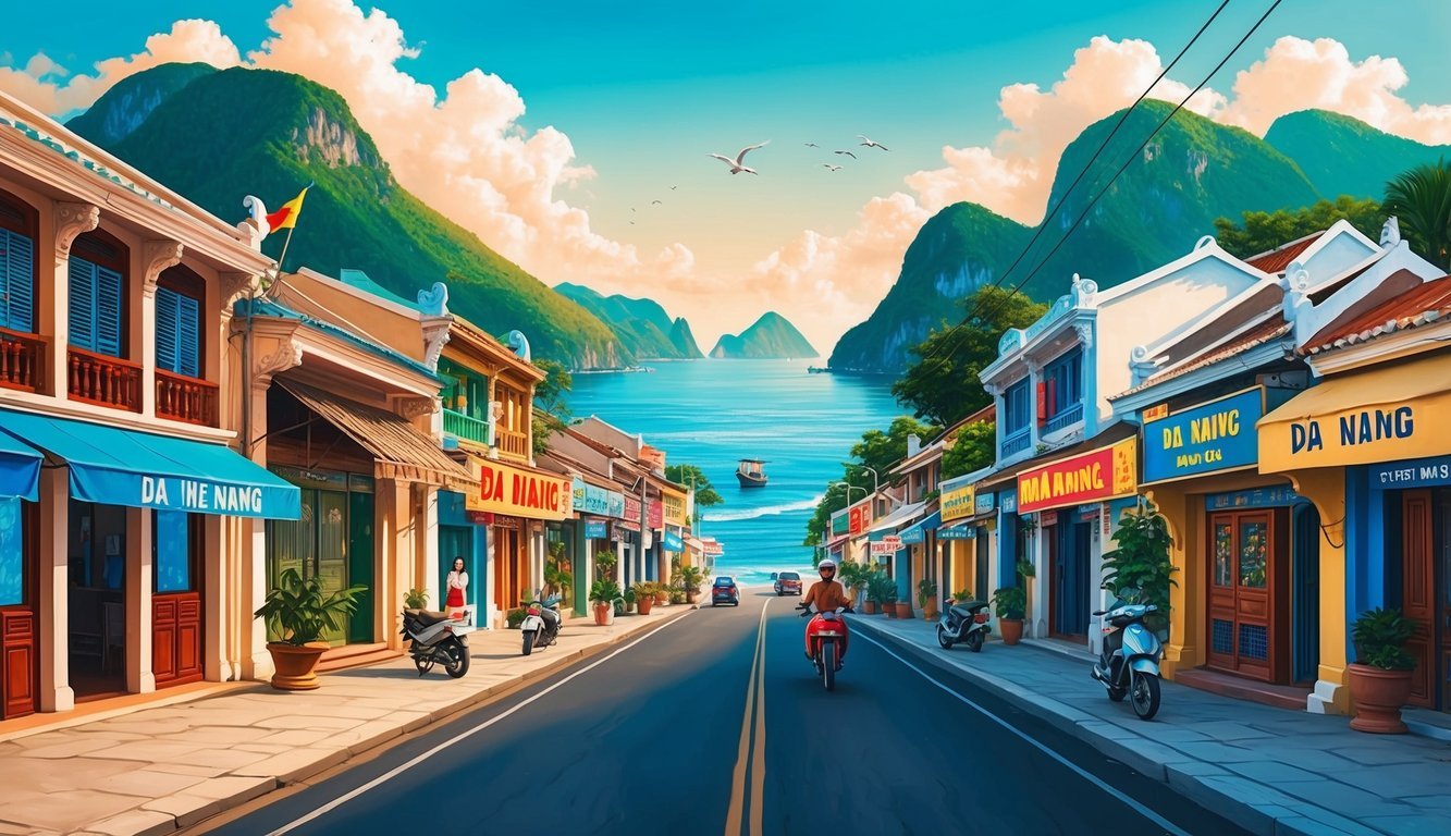 A bustling street in Da Nang, Vietnam, with colorful signs and storefronts, surrounded by mountains and ocean