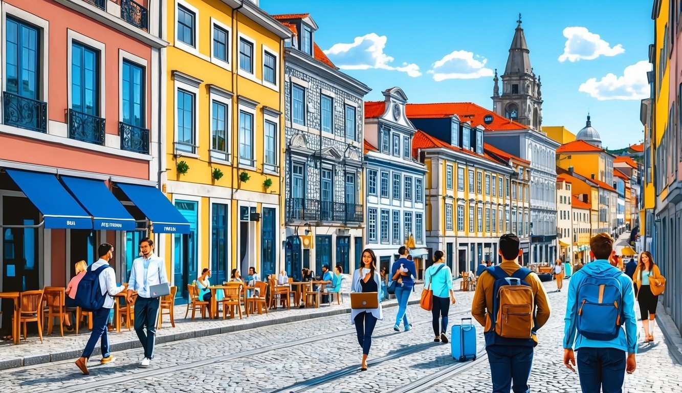 A bustling street in Porto, Portugal, with a mix of modern and historic buildings, cafes, and co-working spaces.</p><p>People with laptops and backpacks walk by