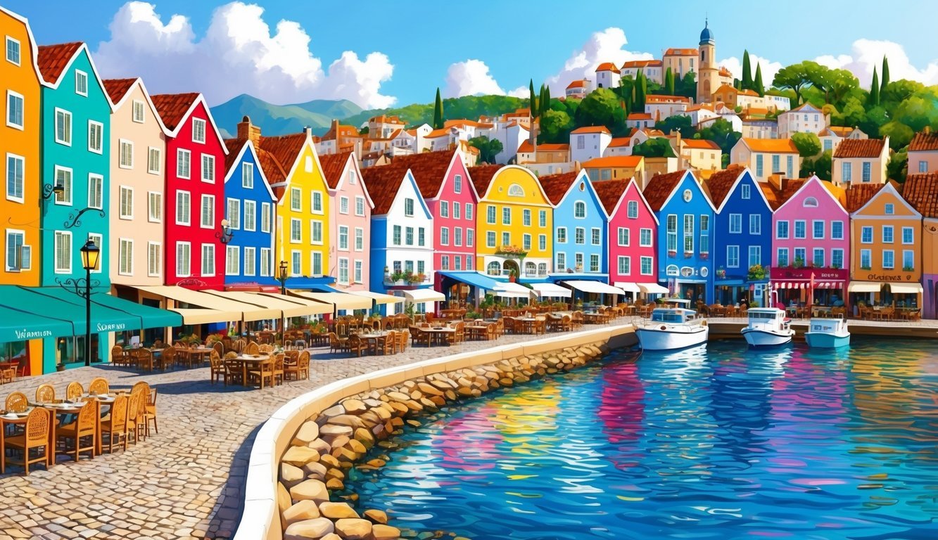 A picturesque coastal town with colorful buildings, cobblestone streets, and a bustling waterfront lined with cafes and shops