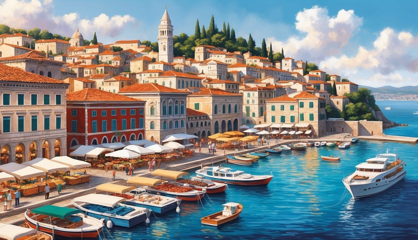 A bustling coastal city with ancient architecture, vibrant markets, and a picturesque harbor nestled against the Adriatic Sea
