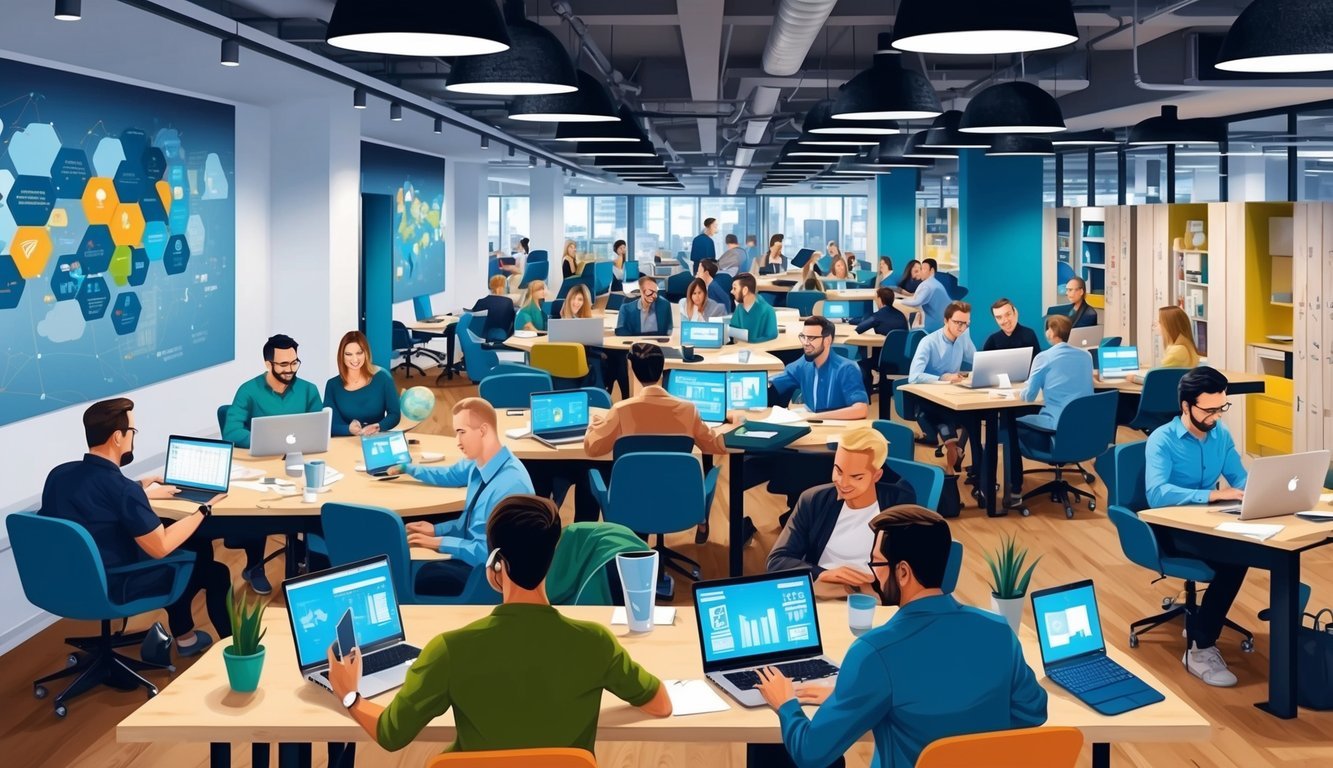 A bustling co-working space in Krakow, Poland, filled with digital nomads networking and collaborating on laptops and mobile devices