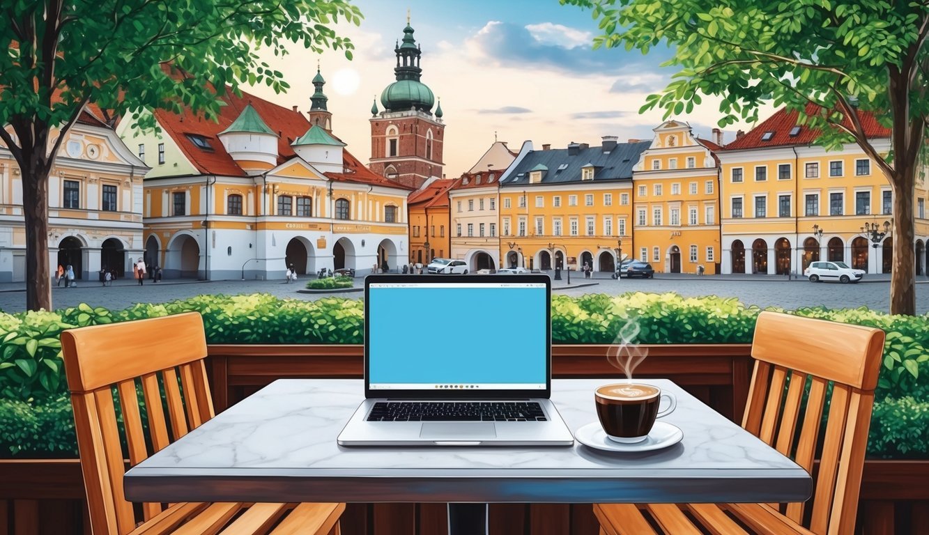 A cozy cafe in Krakow, Poland, with a laptop and coffee on a table, surrounded by historic architecture and greenery