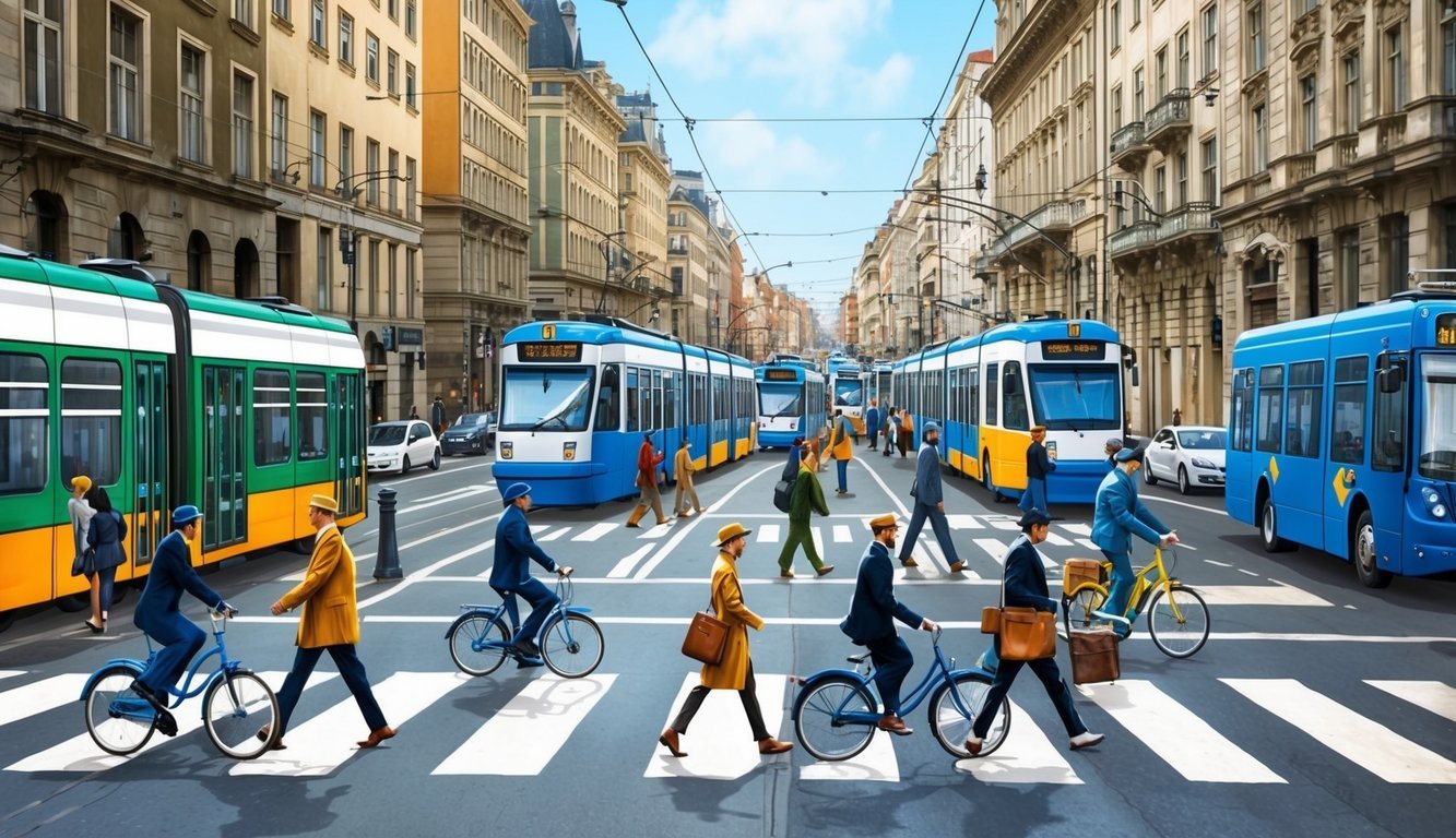 A bustling cityscape with trams, buses, and bicycles weaving through narrow streets.</p><p>Pedestrians cross at designated crosswalks while old architecture looms in the background