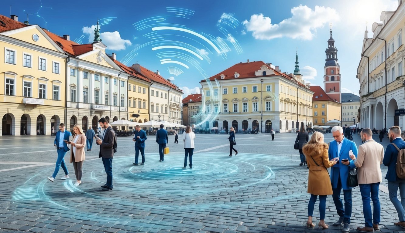 A bustling city square in Krakow, Poland, with modern buildings and people using mobile devices.</p><p>Internet signals and mobile data waves visible in the air
