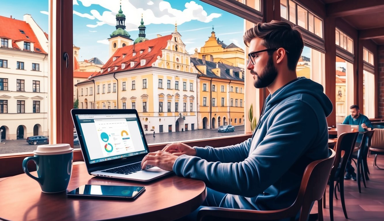 A digital nomad working on a laptop in a cozy cafe, with a view of historic buildings in Krakow, Poland