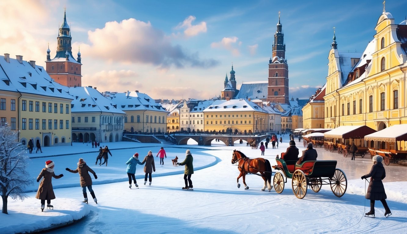 A snow-covered cityscape with people ice skating on a frozen pond, while others enjoy a horse-drawn carriage ride through the historic streets of Krakow, Poland
