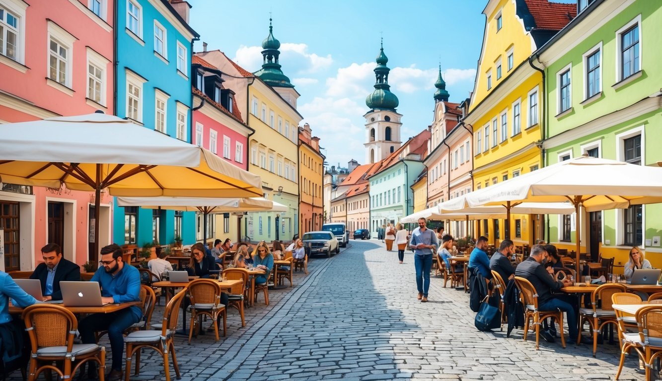 A bustling street in Krakow's Kazimierz district, lined with colorful buildings, quaint cafes, and cobblestone streets, as digital nomads work on laptops at outdoor tables