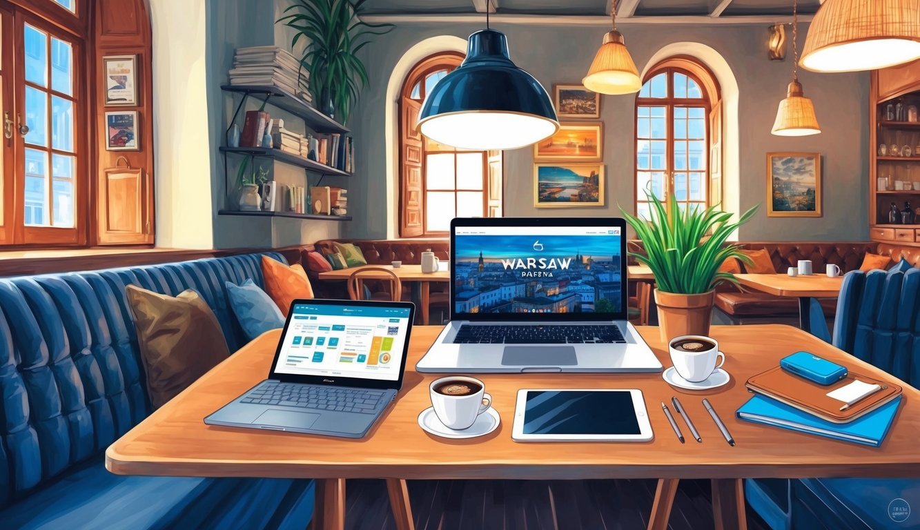 A cozy cafe in Warsaw, Poland, with a laptop, coffee, and travel essentials spread out on a table