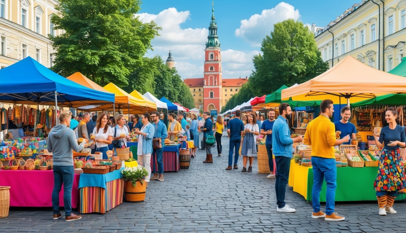 A bustling outdoor market in Warsaw, Poland, with colorful stalls selling local crafts and street performers entertaining a diverse crowd of digital nomads