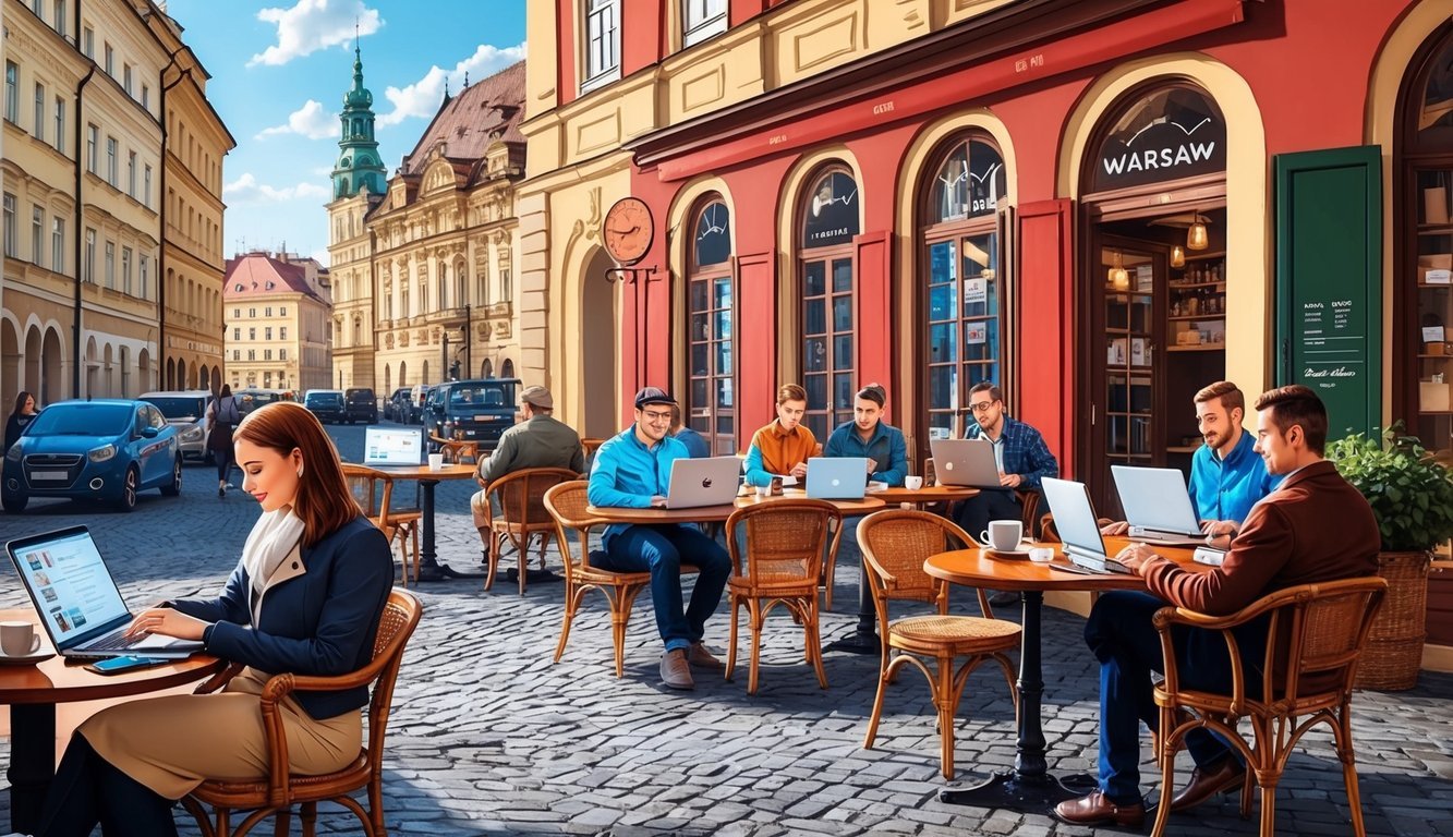 A cozy cafe in Warsaw, filled with laptops, coffee cups, and travelers working remotely.</p><p>Outside, historic architecture and bustling streets