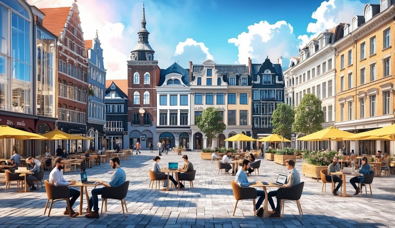 A bustling city square with a mix of modern and historic architecture, surrounded by cafes and coworking spaces, with digital nomads working on laptops