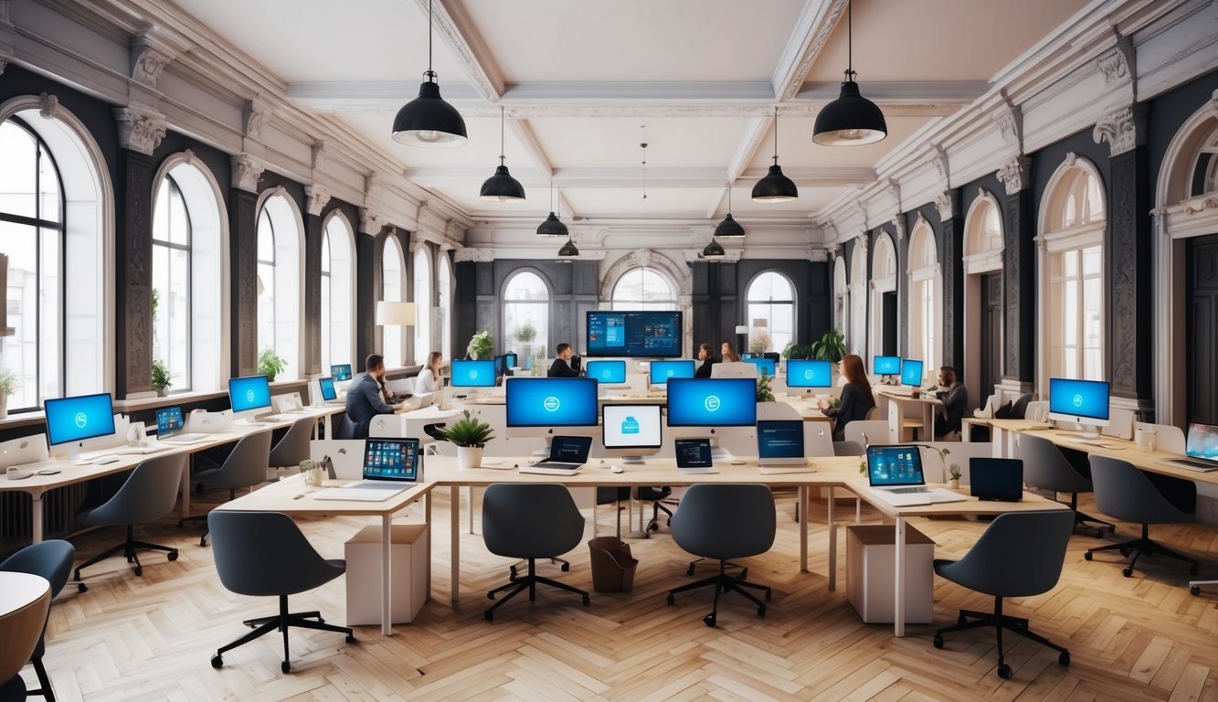 A bustling co-working space in Riga, Latvia, filled with modern technology and surrounded by historic architecture