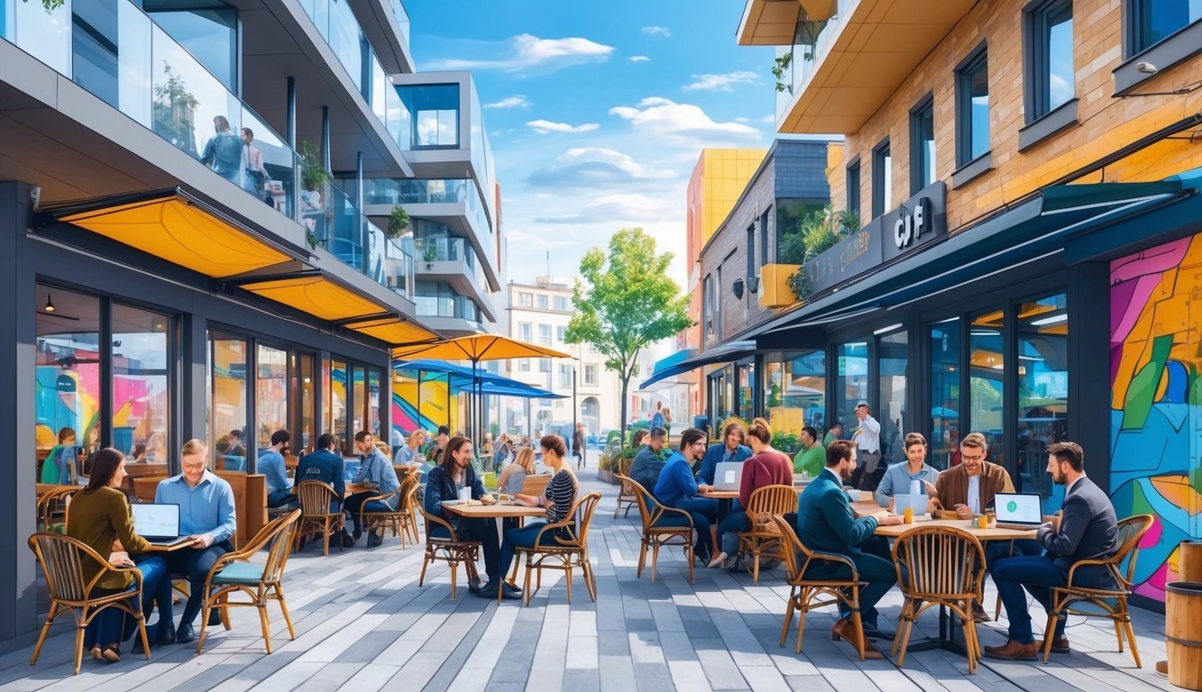 A bustling café in Riga, Latvia, with people working on laptops and chatting, surrounded by modern architecture and vibrant street art