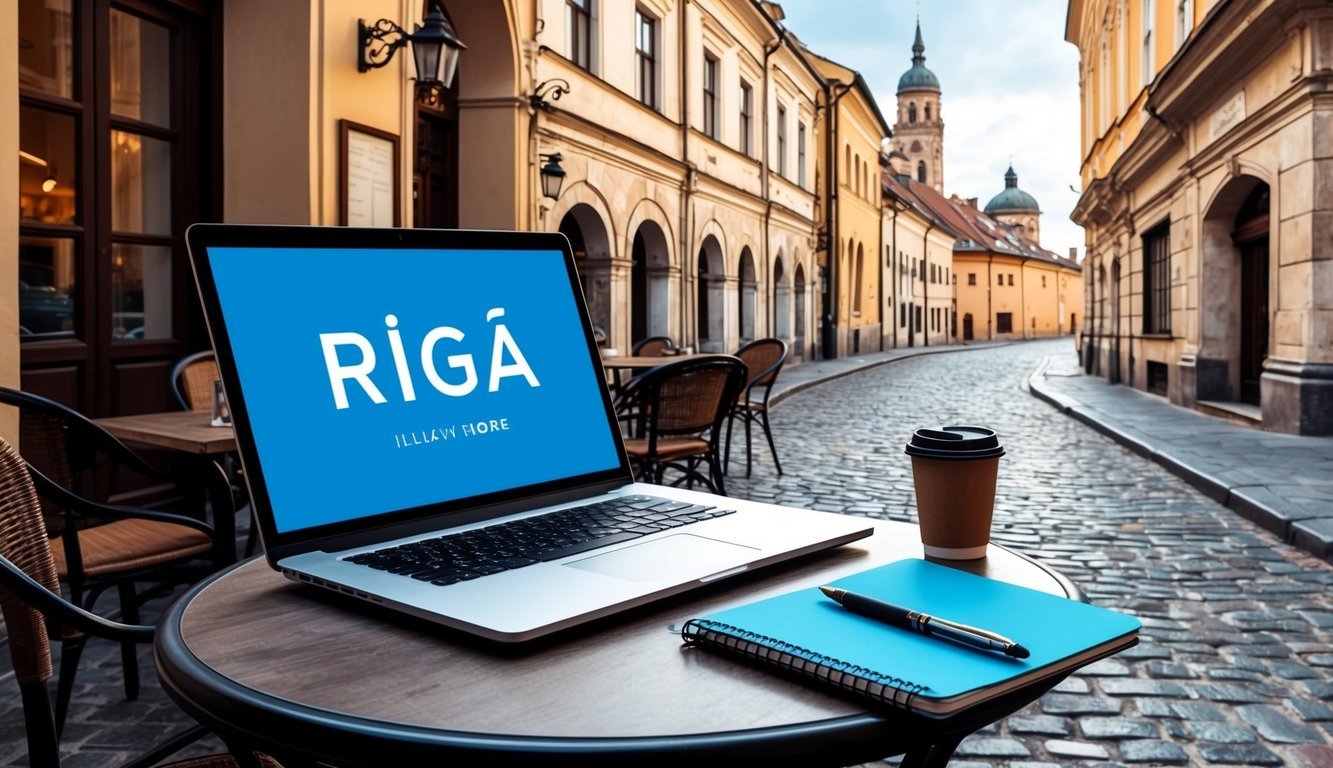 A laptop, notebook, and pen on a cozy cafe table with a view of Riga's historic architecture and cobblestone streets