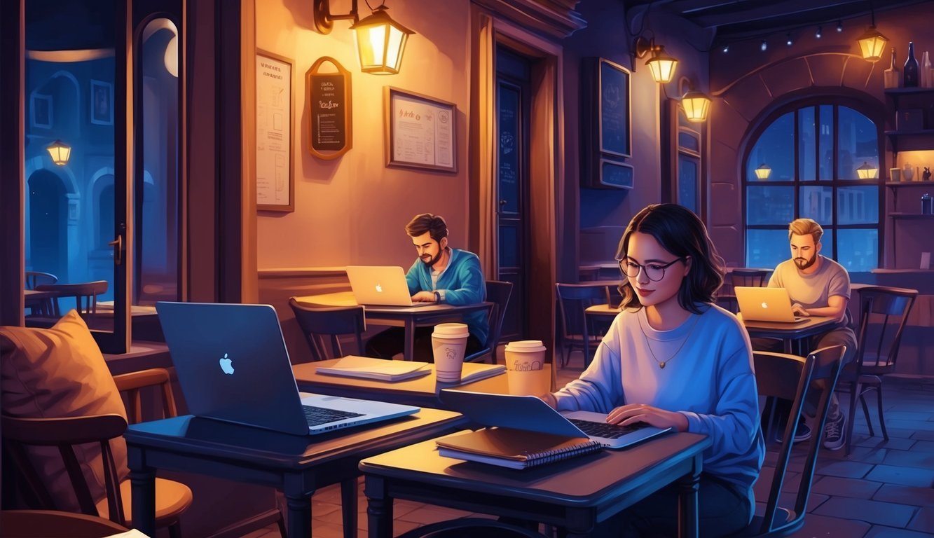 A cozy cafe in Riga's old town, with dim lighting and a warm atmosphere.</p><p>Laptops and notebooks scattered on the tables as digital nomads work late into the night