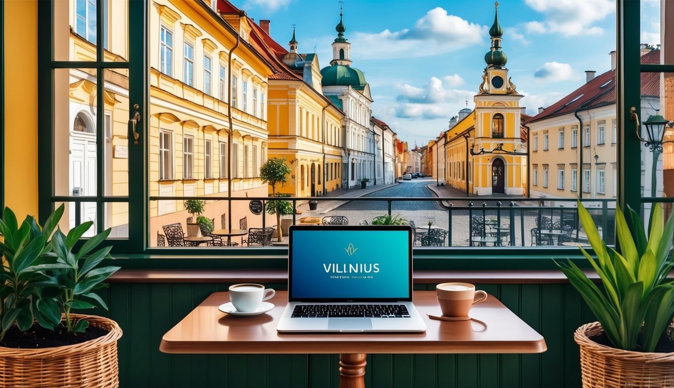 A cozy cafe in Vilnius, with a laptop, coffee, and plants on the table, overlooking the historic city streets