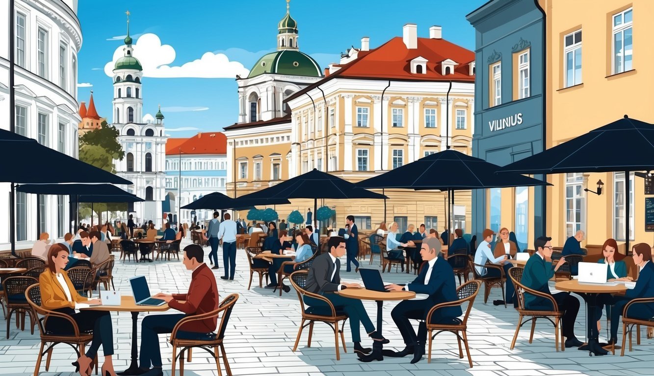 A bustling cafe in Vilnius, with people working on laptops and chatting.</p><p>A mix of modern and historic architecture in the background